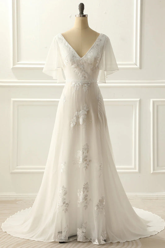 Ivory V-neck A-line decal long wedding dress