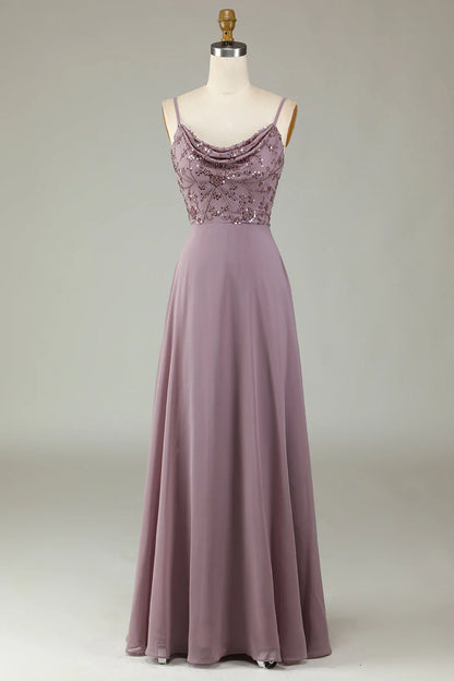 Thin shoulder strap beaded grey pink bridesmaid dress