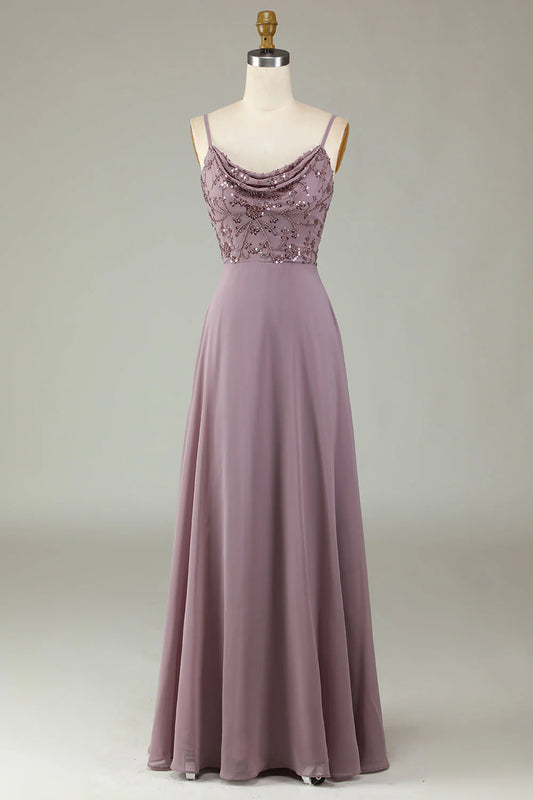 Thin shoulder strap beaded grey pink bridesmaid dress