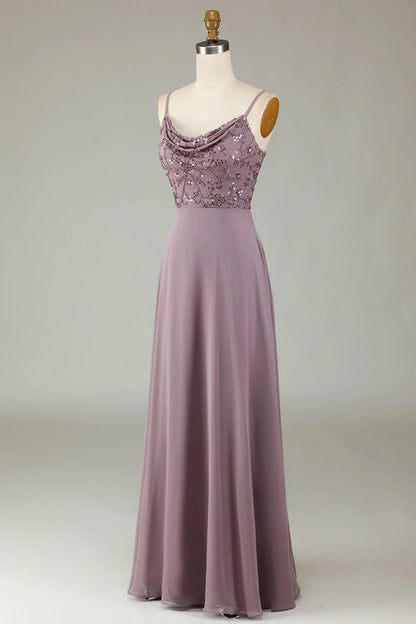 Thin shoulder strap beaded grey pink bridesmaid dress