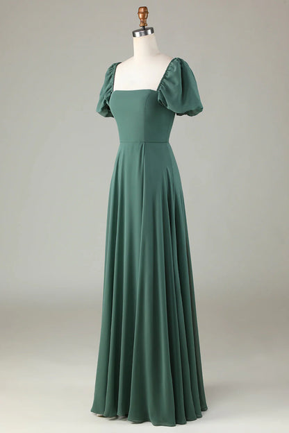 Chiffon Bubble Sleeves Eucalyptus Bridesmaid Dress