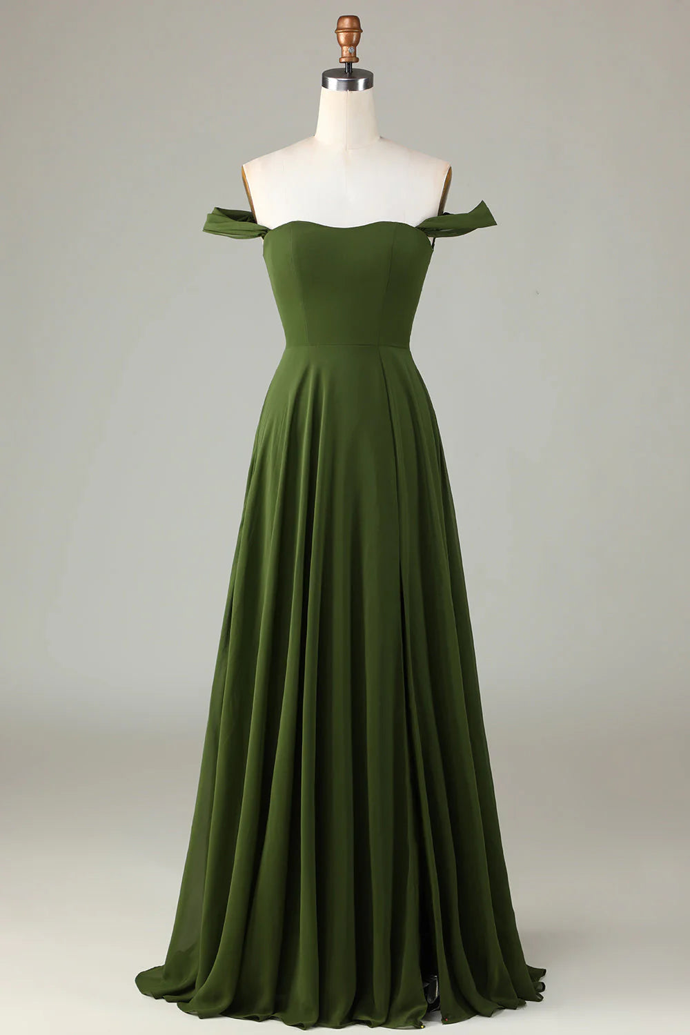 A-shaped slit off shoulder olive bridesmaid dress