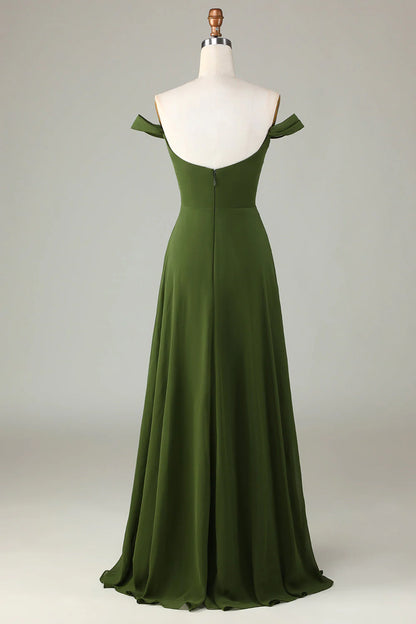 A-shaped slit off shoulder olive bridesmaid dress