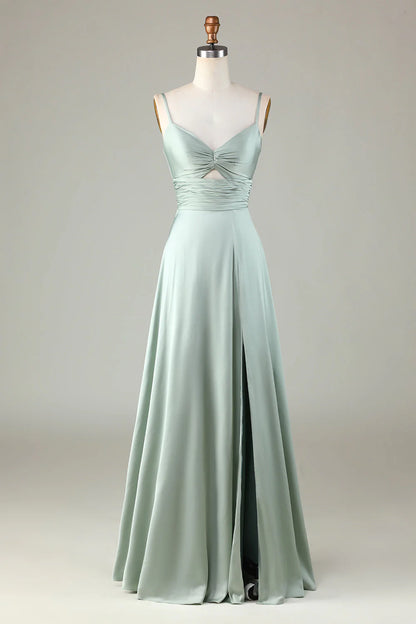 Keyhole thin shoulder strap matcha slit bridesmaid dress