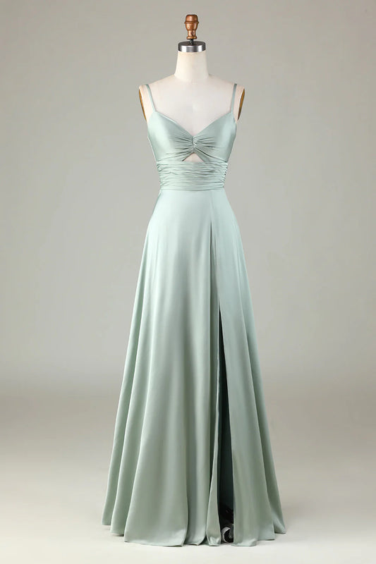 Keyhole thin shoulder strap matcha slit bridesmaid dress