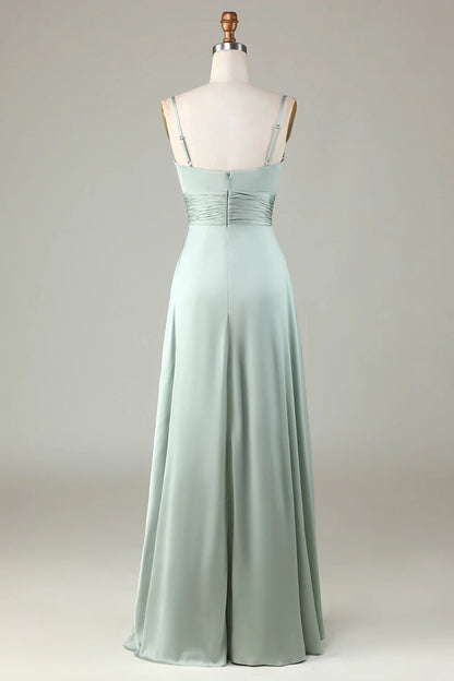 Keyhole thin shoulder strap matcha slit bridesmaid dress