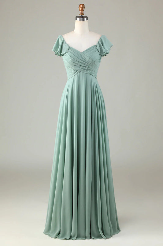 Back lace up ruffle edge matcha bridesmaid dress