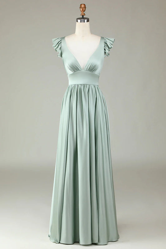 Deep V-neck ruffled matcha long bridesmaid dress