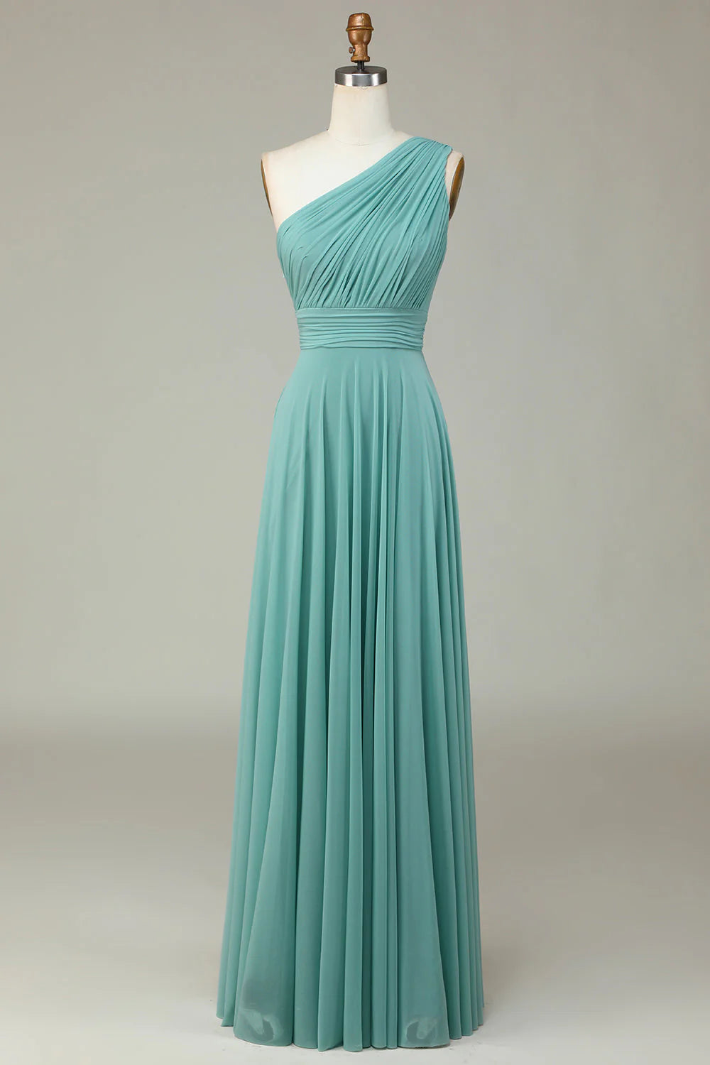 A-shaped one shoulder sea glass long bridesmaid dress