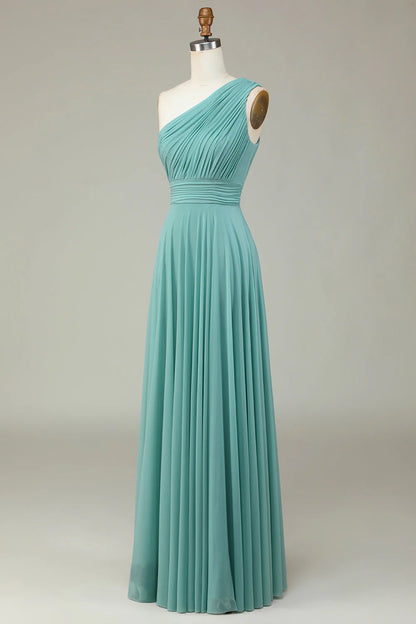 A-shaped one shoulder sea glass long bridesmaid dress