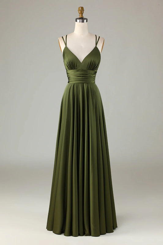 A-shaped sleeveless olive long bridesmaid dress