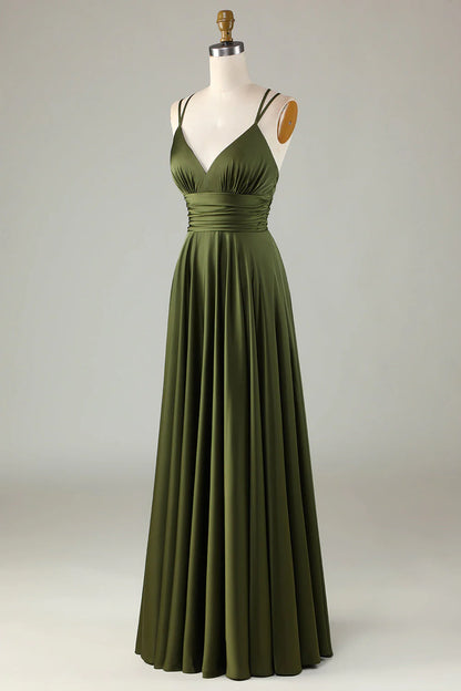 A-shaped sleeveless olive long bridesmaid dress