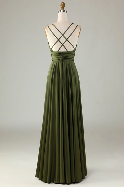 A-shaped sleeveless olive long bridesmaid dress