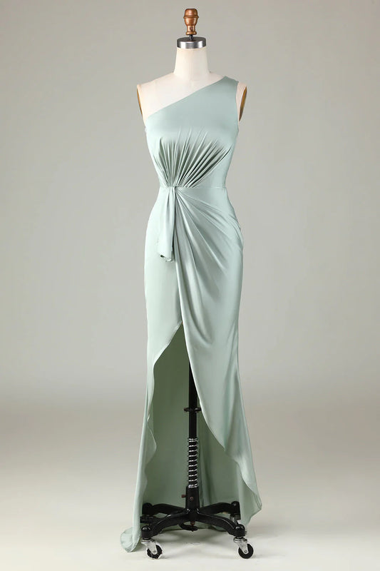 A shoulder matcha bridesmaid dress with ruffled edges