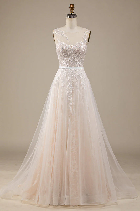 Champagne sheer lace A-line trailing wedding dress