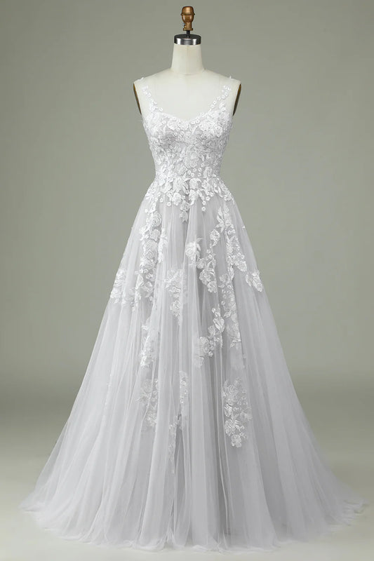 Ivory sheer lace backless wedding dress