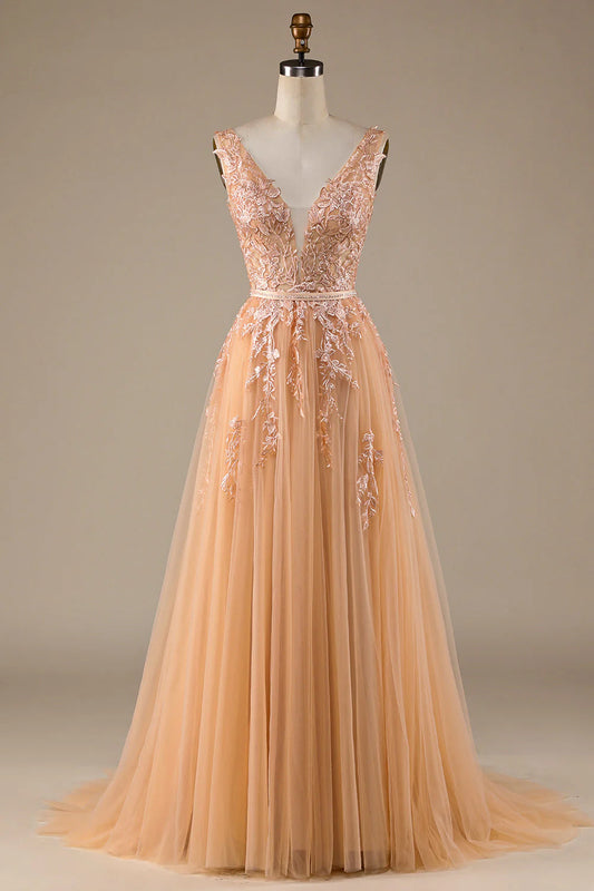 Champagne V-neck lace sheer wedding dress