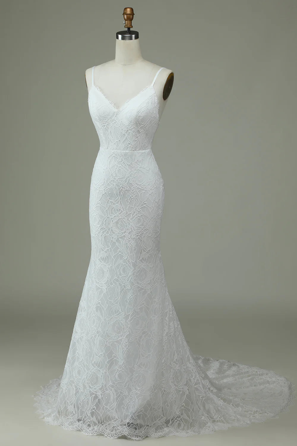 Ivory thin shoulder strap off shoulder fishtail lace off back and ground length wedding dress