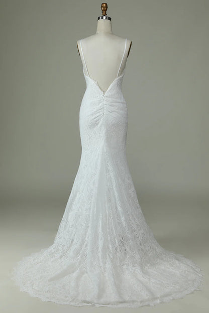 Ivory thin shoulder strap off shoulder fishtail lace off back and ground length wedding dress