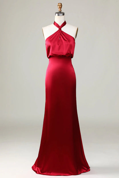 Fish Tail Hanging Neck Sleeveless Wine Red Bridesmaid Dress