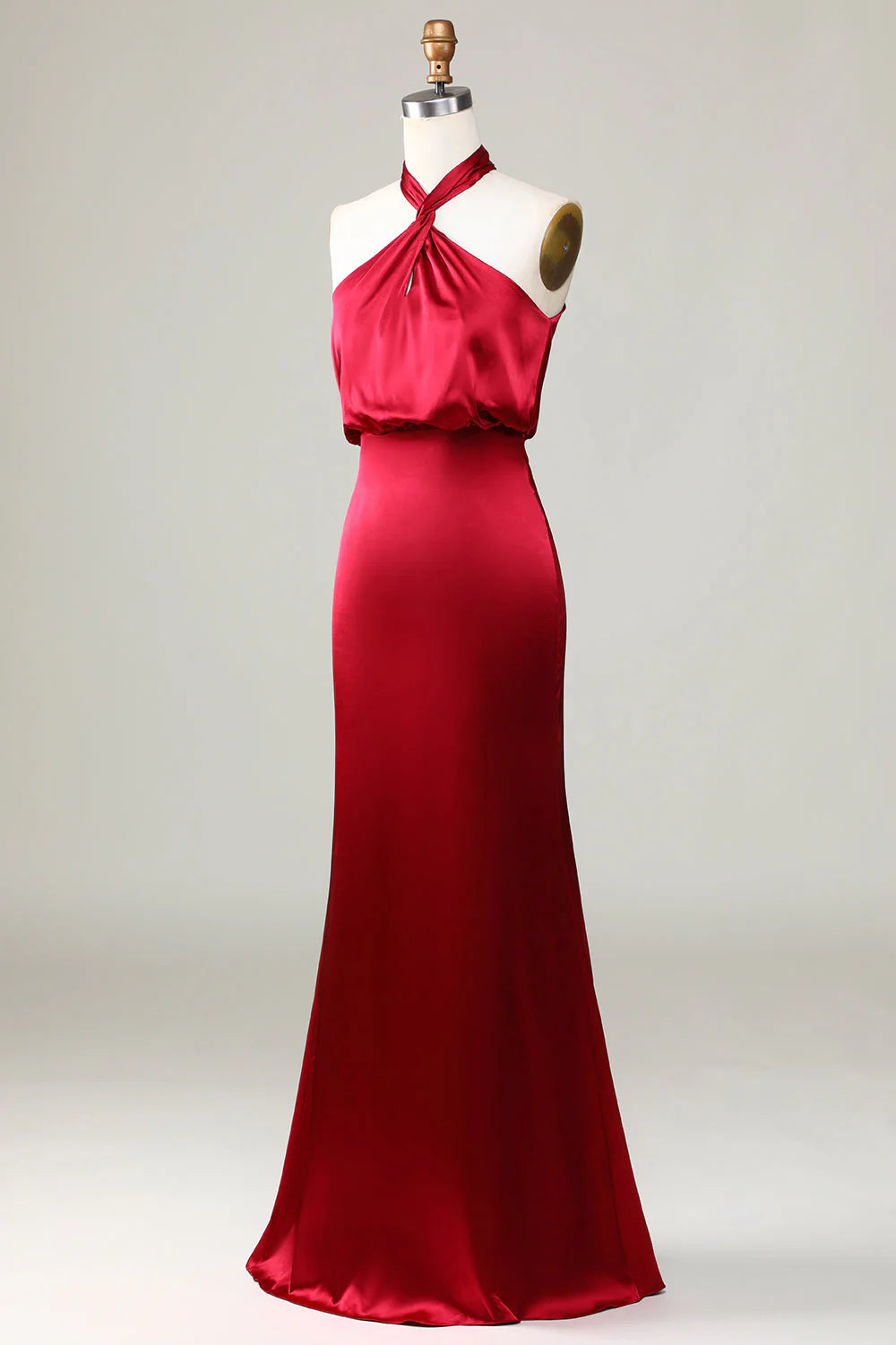 Fish Tail Hanging Neck Sleeveless Wine Red Bridesmaid Dress