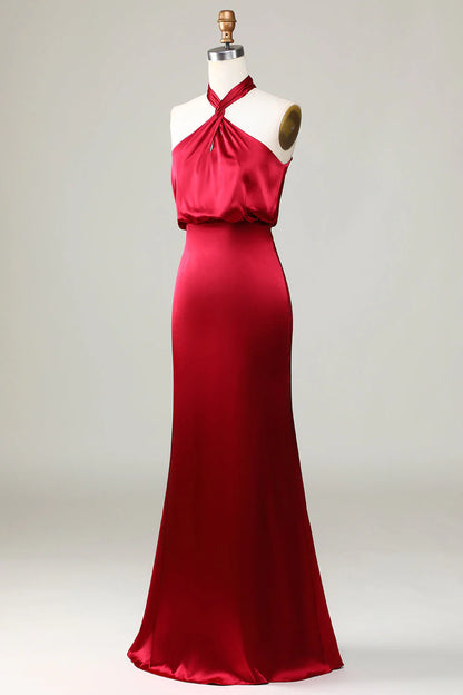 Fish Tail Hanging Neck Sleeveless Wine Red Bridesmaid Dress