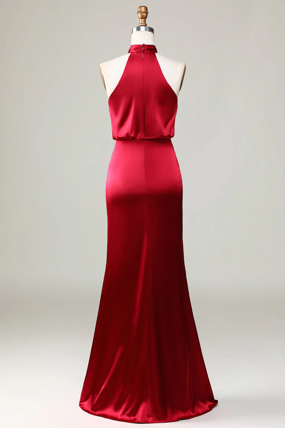 Fish Tail Hanging Neck Sleeveless Wine Red Bridesmaid Dress