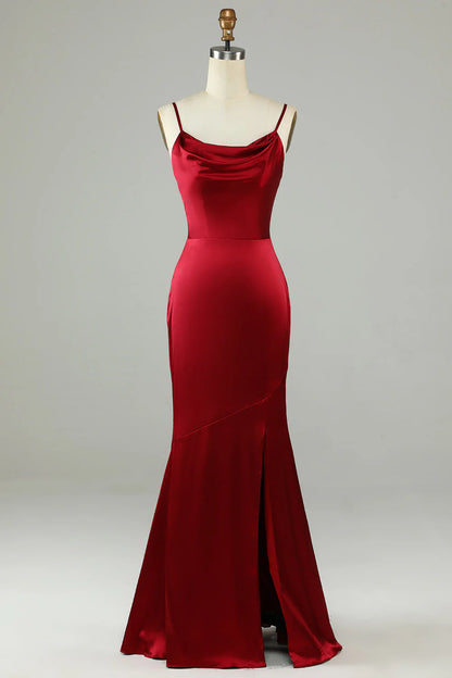 Thin shoulder strap wine red slit long bridesmaid dress