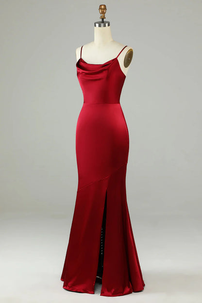 Thin shoulder strap wine red slit long bridesmaid dress