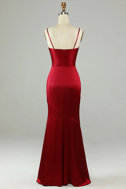 Thin shoulder strap wine red slit long bridesmaid dress