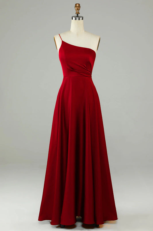 A-shaped ruffled edge one shoulder wine red long bridesmaid dress