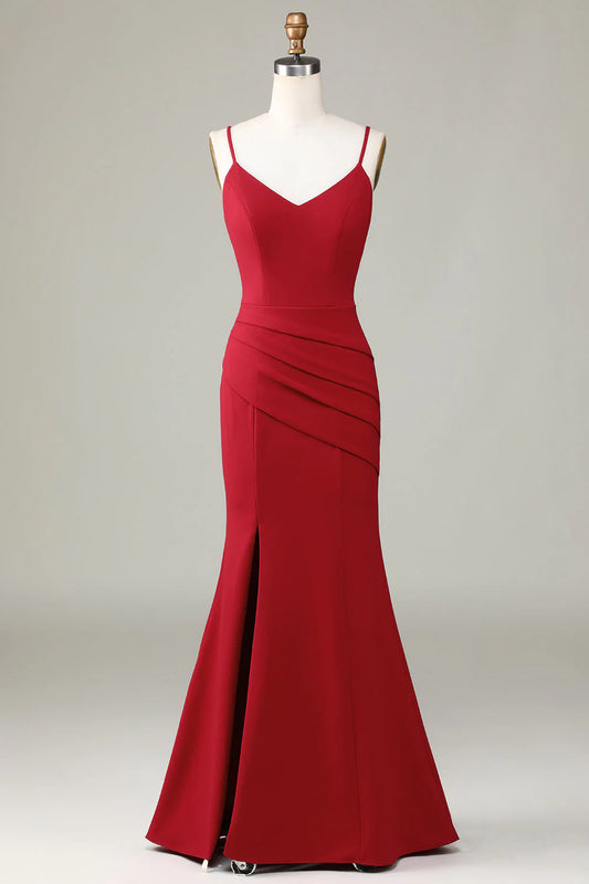 Thin shoulder strap slit sleeveless wine red bridesmaid dress