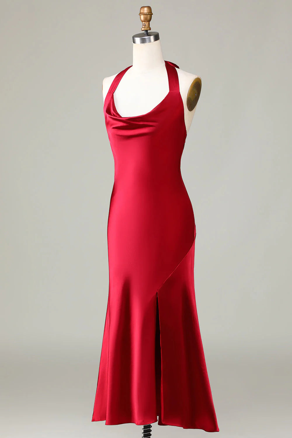 Hanging neck sleeveless wine red slit long bridesmaid dress