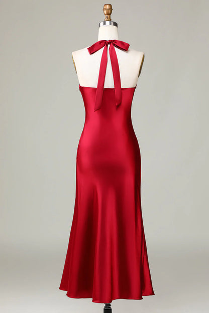 Hanging neck sleeveless wine red slit long bridesmaid dress