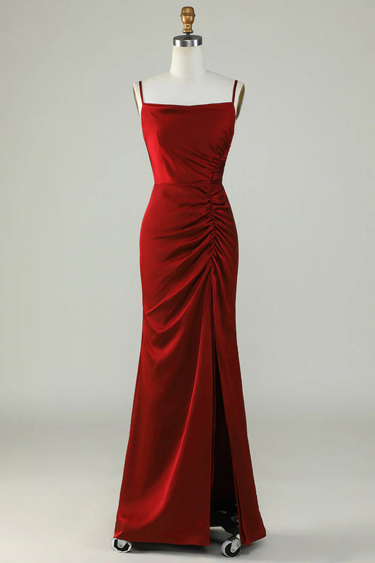 Thin shoulder strap wine red front slit long bridesmaid dress