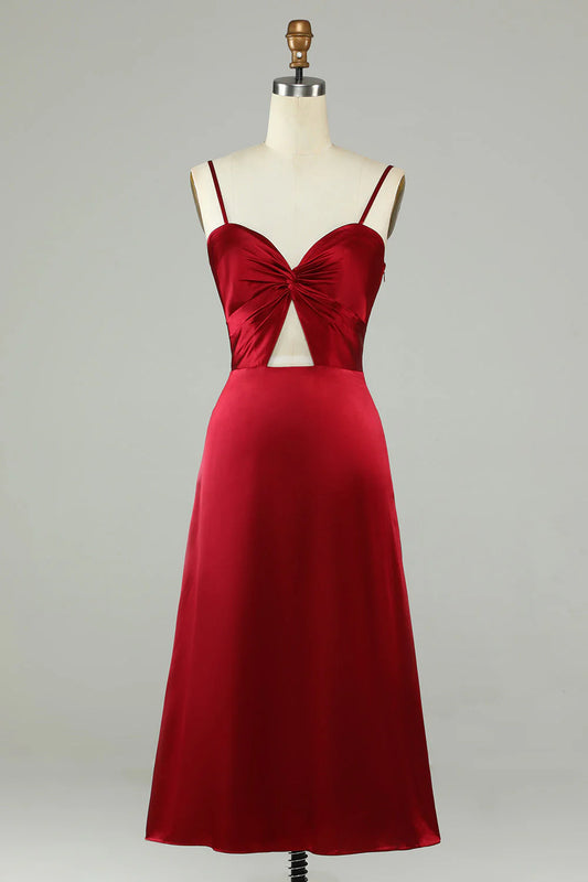 Hollow wine red thin shoulder strap bridesmaid dress