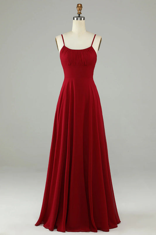 A-line thin shoulder strap wine red long bridesmaid dress