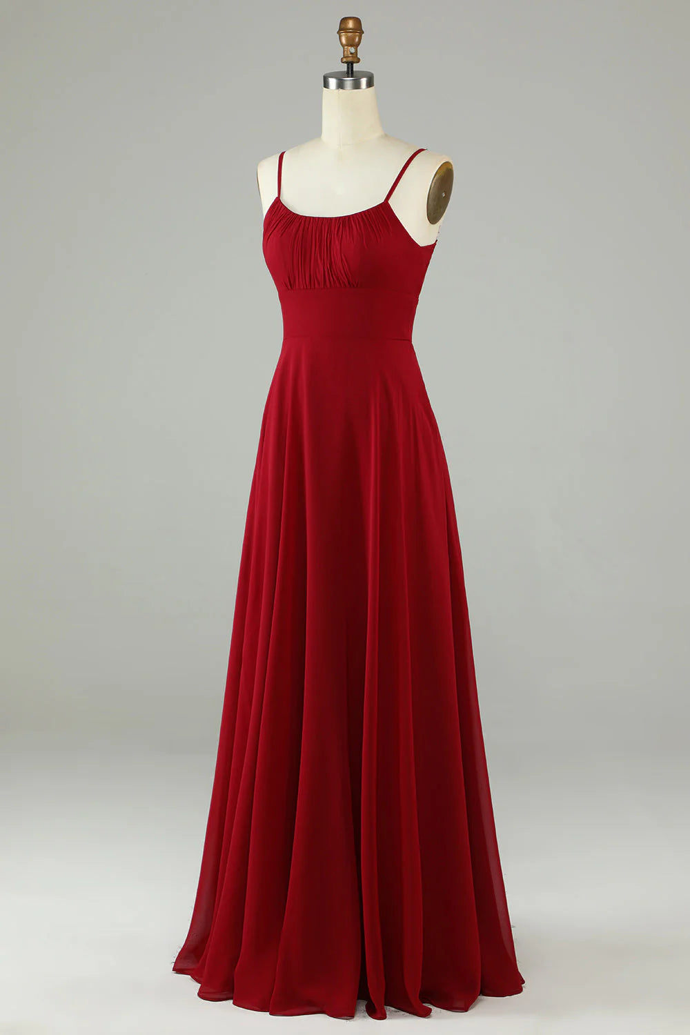 A-line thin shoulder strap wine red long bridesmaid dress