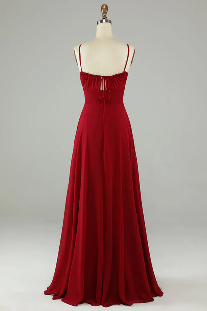 A-line thin shoulder strap wine red long bridesmaid dress