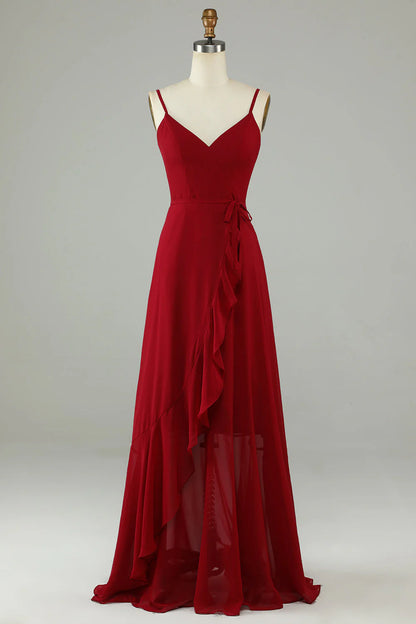 Wine red thin shoulder strap with ruffle edge chiffon long bridesmaid dress