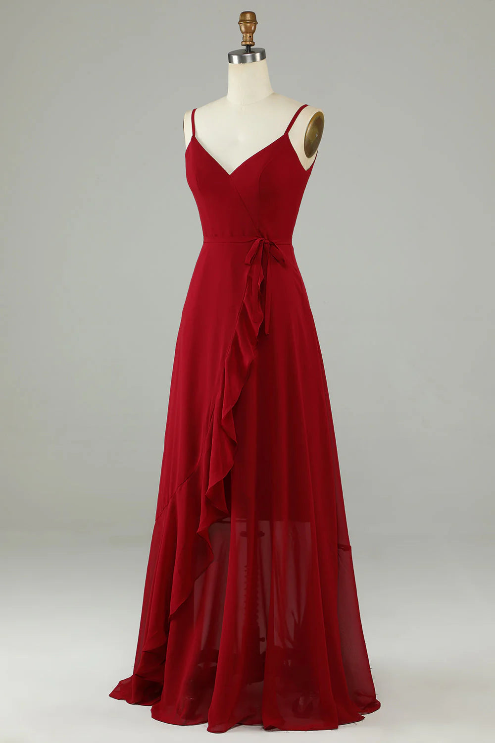 Wine red thin shoulder strap with ruffle edge chiffon long bridesmaid dress