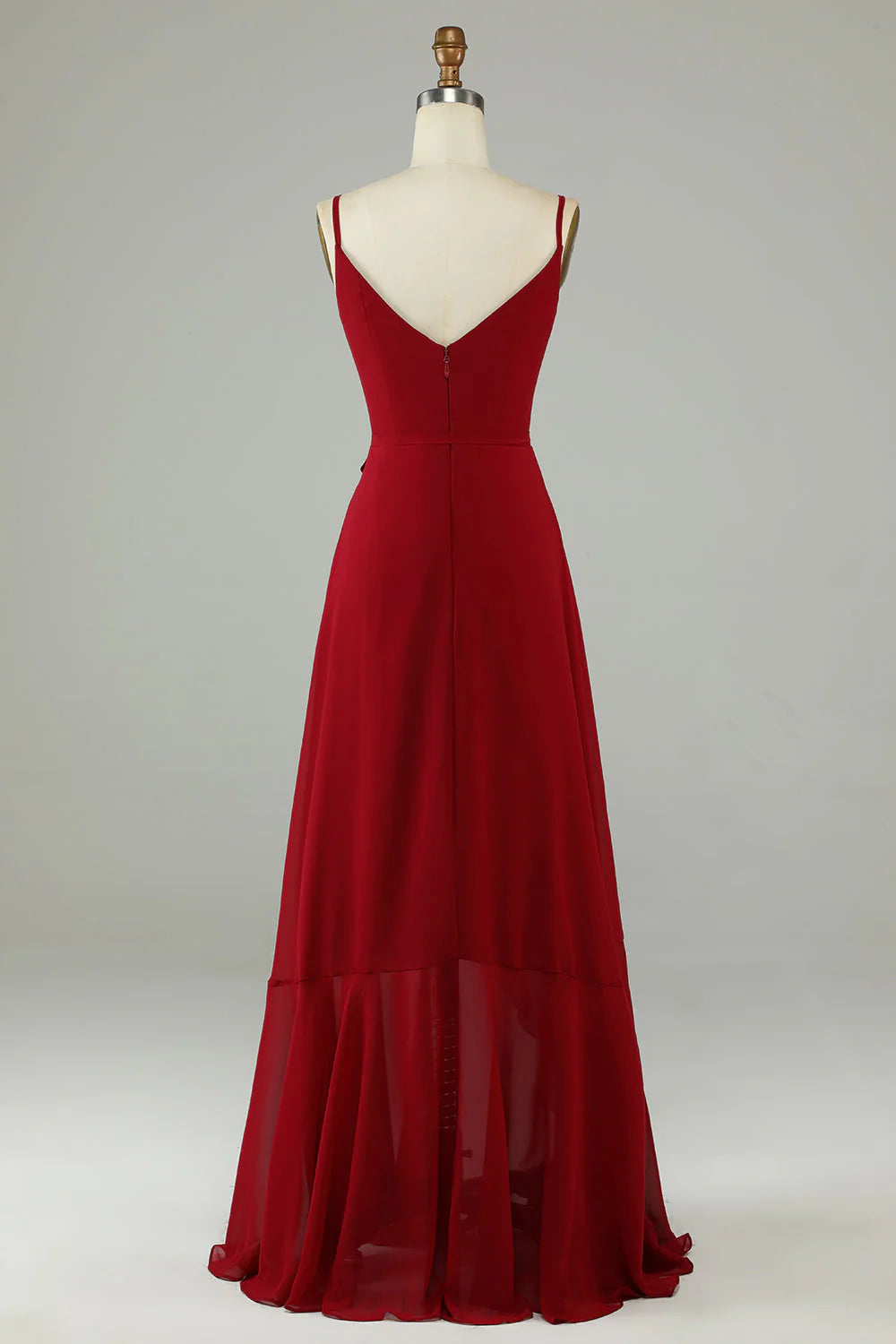 Wine red thin shoulder strap with ruffle edge chiffon long bridesmaid dress