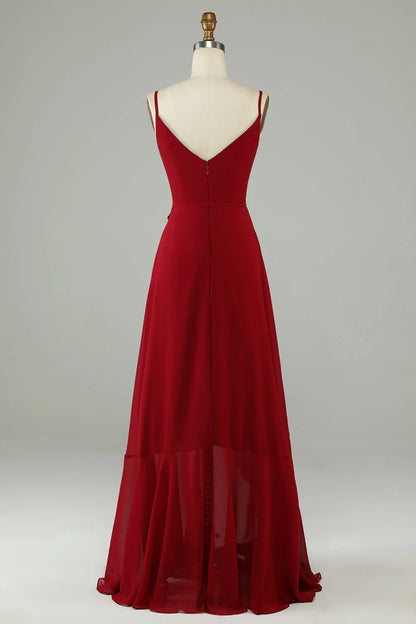 Wine red thin shoulder strap with ruffle edge chiffon long bridesmaid dress