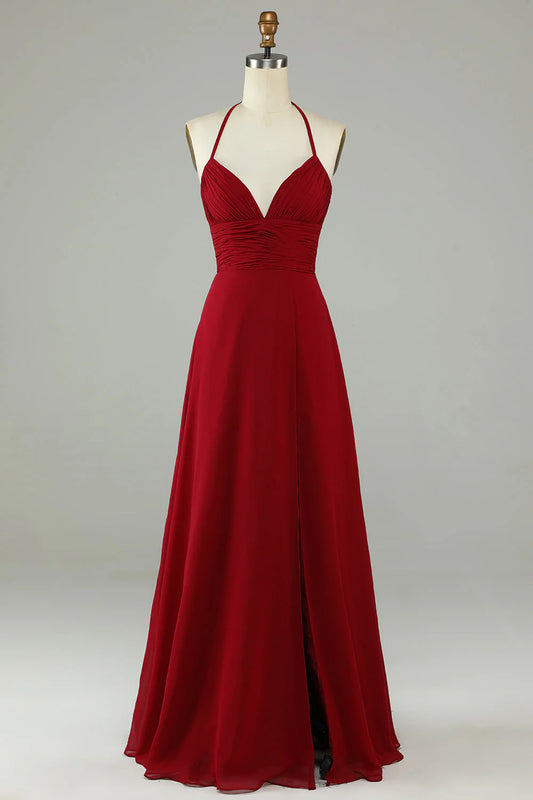 Split A-shaped neck wine red long bridesmaid dress