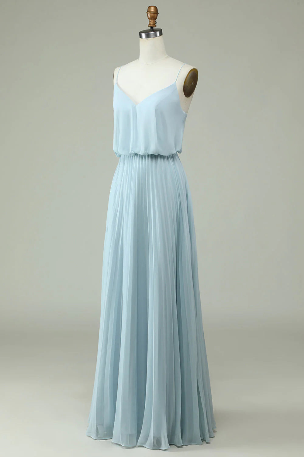 Chiffon thin shoulder strap sky blue long bridesmaid dress