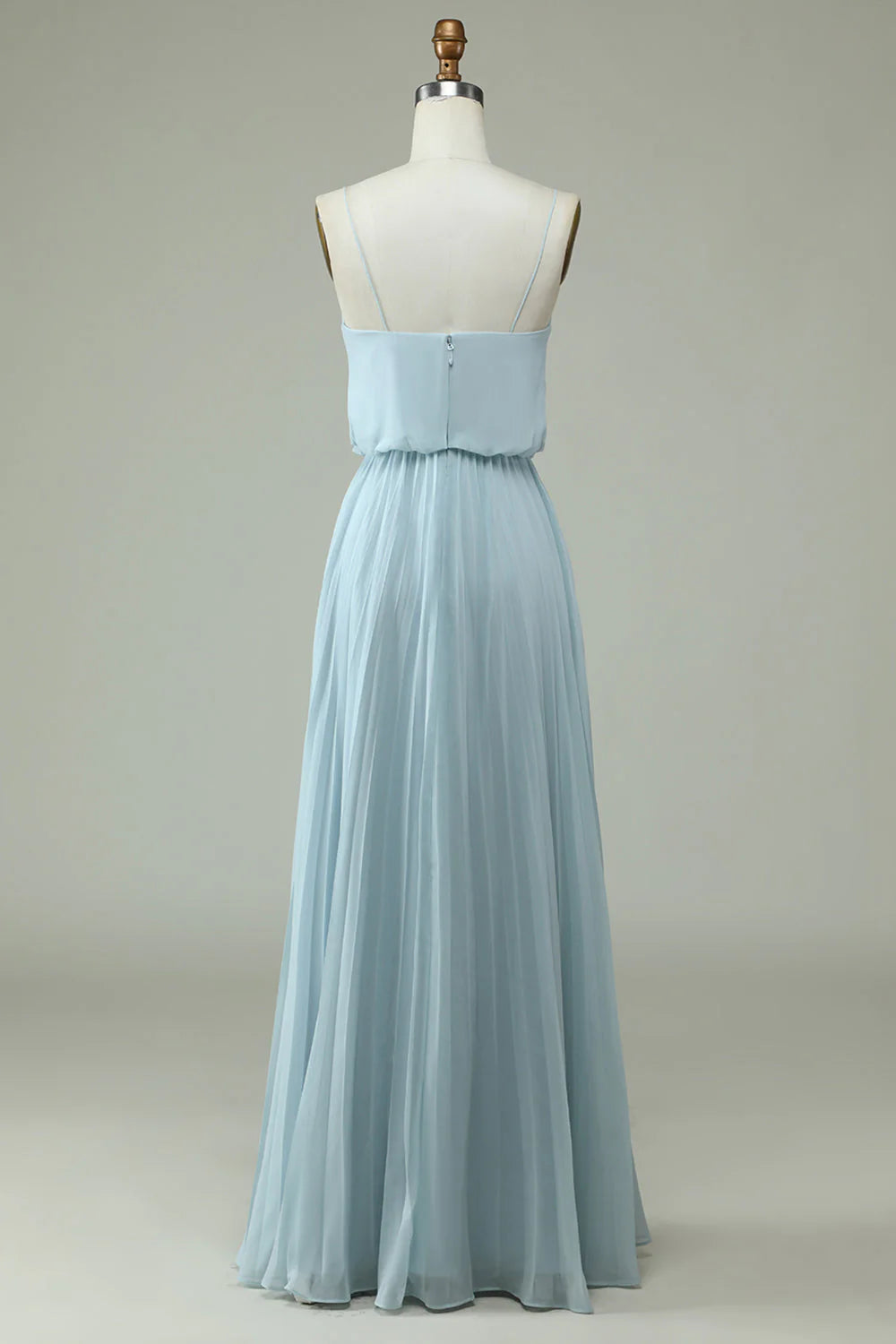 Chiffon thin shoulder strap sky blue long bridesmaid dress