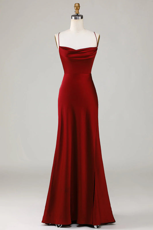 Back lace up wine red slit long bridesmaid dress