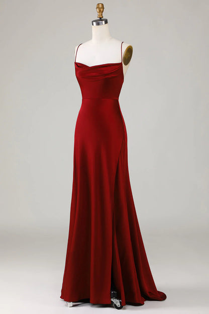 Back lace up wine red slit long bridesmaid dress