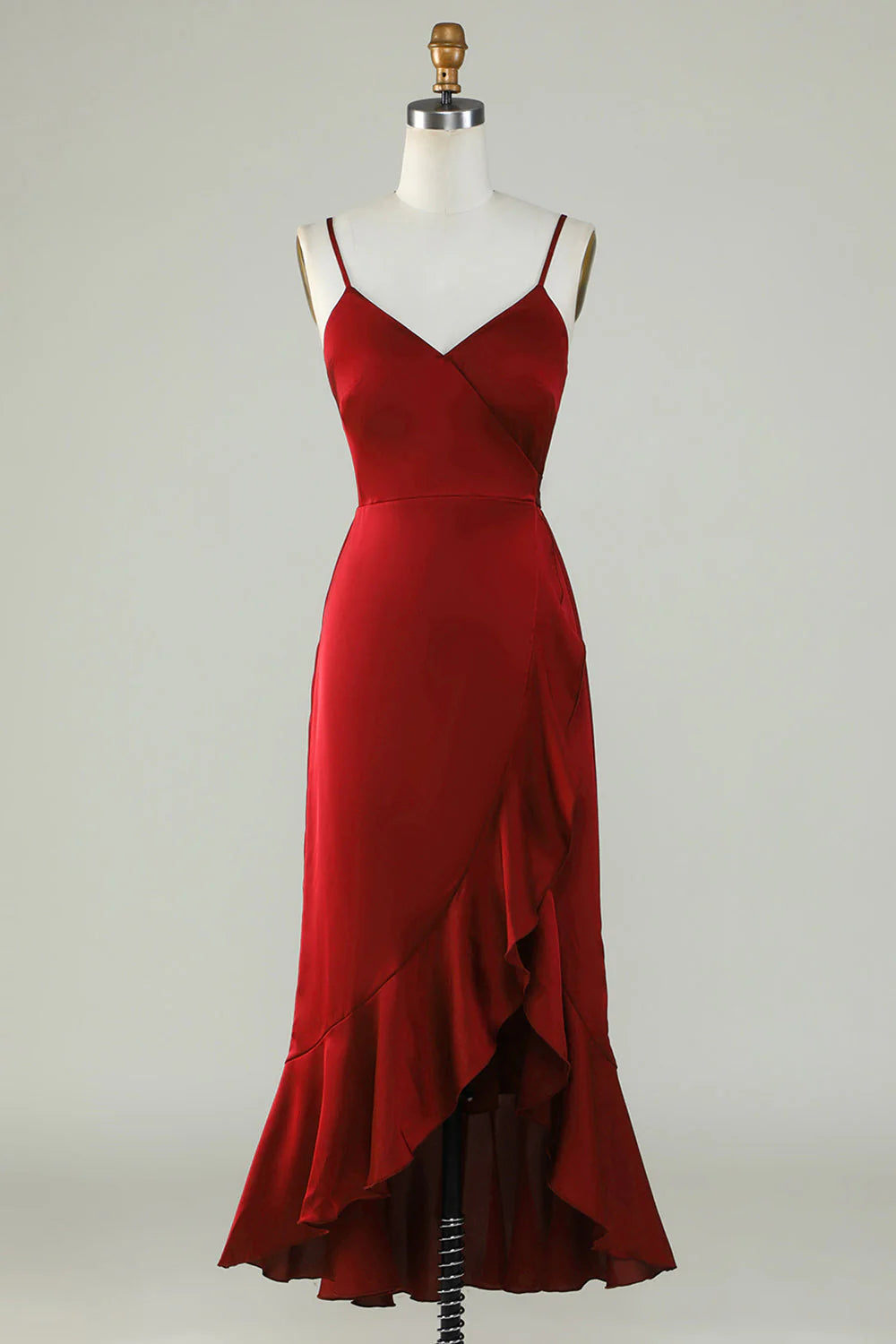 Fine shoulder strap wine red ruffled bridesmaid dress