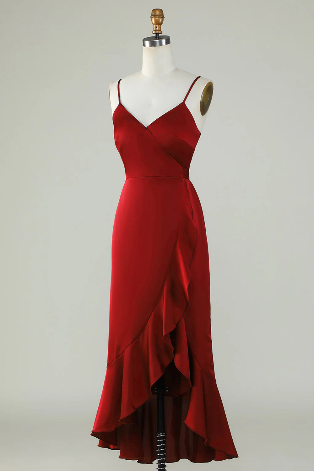 Fine shoulder strap wine red ruffled bridesmaid dress